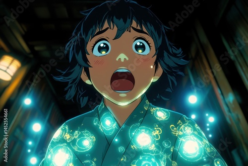 A young character's expressive reaction to a magical occurrence.