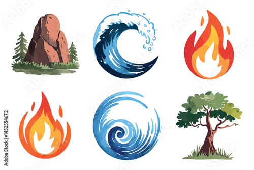 Watercolor Illustration of the Four Elements: Earth, Water, Fire, and Air