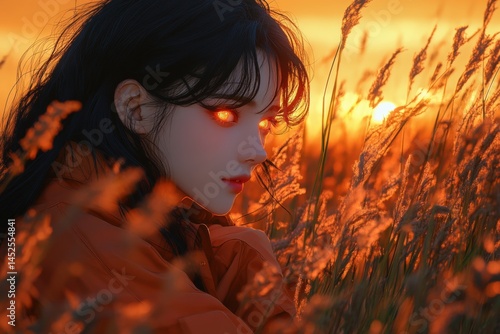 Fiery sunset view with a pensive female figure.