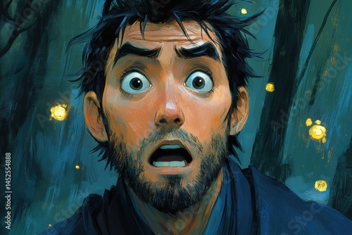 Close-up of a surprised man in a dark forest scene.