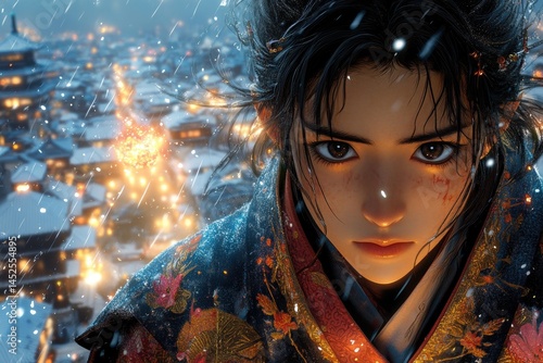 Close-up view of a figure in a winter setting.