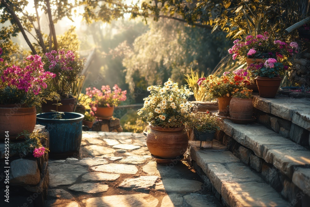 Fototapeta premium Sunlit Garden Steps with Flower Pots