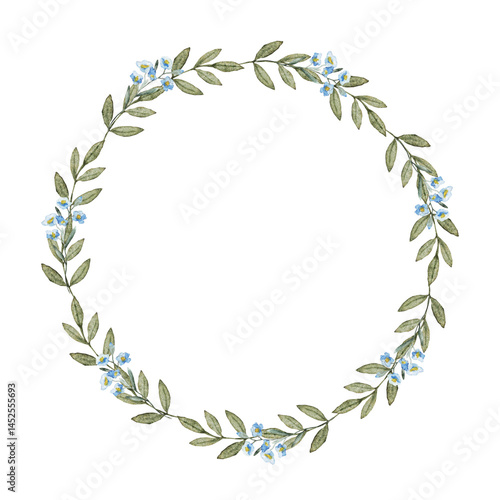 Wreath of green leaves and blue flowers. Watercolor illustration. Template for first communion, baptism, wedding greeting cards, invitation, save the date. Copy space. Isolated botanical frame
