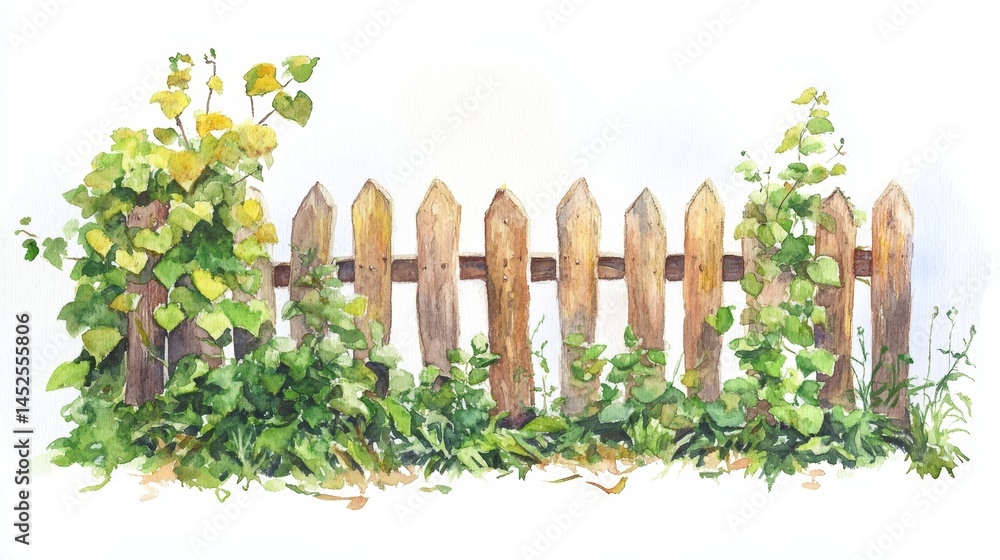 Obraz premium Rustic Wooden Fence with Overgrown Vines Watercolor - Aged wooden fence, overgrown with green vines, symbolizing time, nature, growth, rustic charm, and serenity