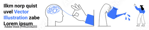 Head silhouette with hand untangling brain, watering can pouring onto hand, and a figure pointing. Ideal for innovation, mental health, growth, creativity, education, teamwork simple landing page