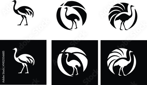 Ostrich logo. Animal silhouette vector featuring a standing ostrich in black.
