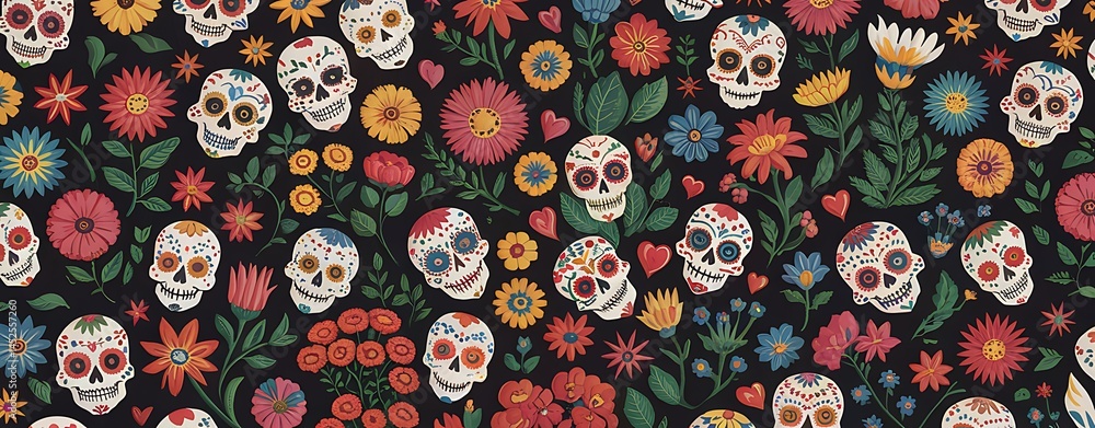 Colorful Day of the Dead Sugar Skulls Pattern with Traditional Mexican Floral Elements Vibrant Dia de los Muertos Seamless Print Featuring Calaveras Hearts and Festive Flowers on a Black Background Colorful Day of the Dead Sugar Skulls Pattern with Traditional Mexican Floral Elements Vibrant Dia de los Muertos Seamless Print Featuring Calaveras Hearts and Festive Flowers on a Black Background
