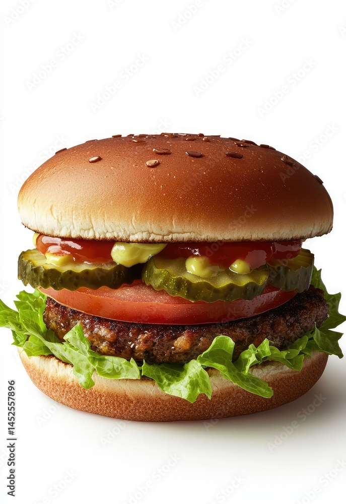 A fast food veggie burger made with a plant-based patty, lettuce, tomato, and pickles A fast food veggie burger made with a plant-based patty, lettuce, tomato, and pickles