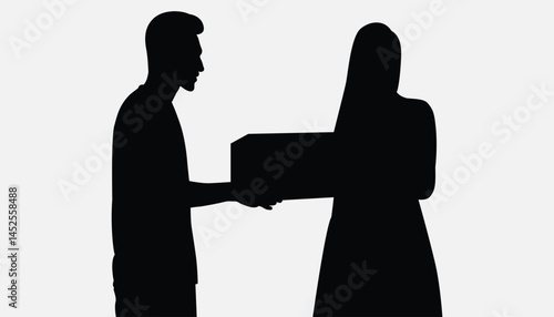 Silhouette illustration of a man handing a box to a woman, representing delivery, receiving parcel, or gift exchange. Ideal for logistics, shipping, and e-commerce concepts.