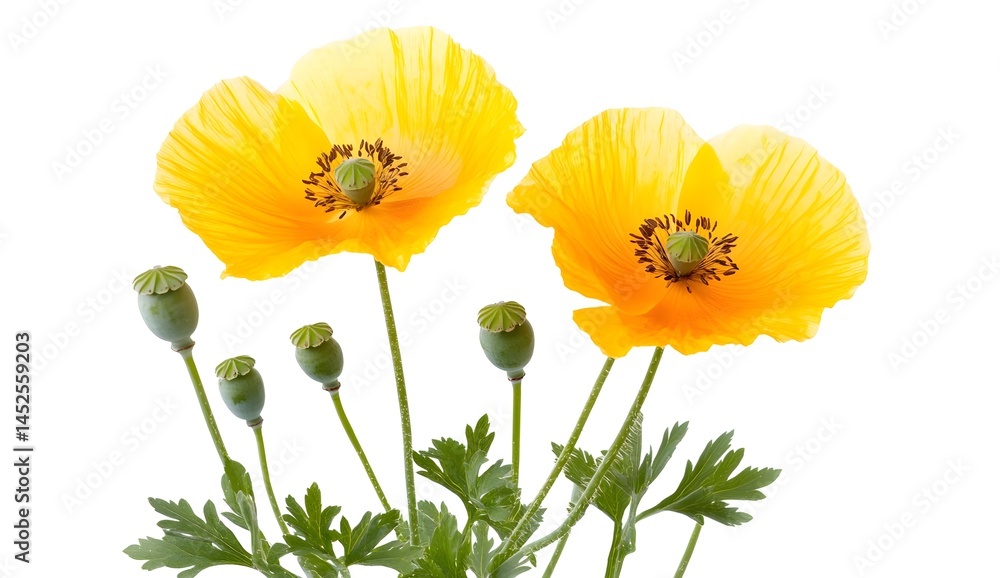 Obraz premium Two Yellow Poppies with Seed Pods