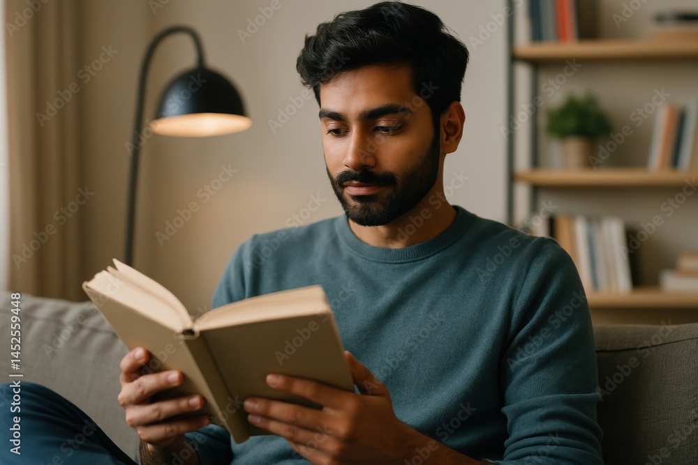 Man reading book on couch. Man reading book on couch.