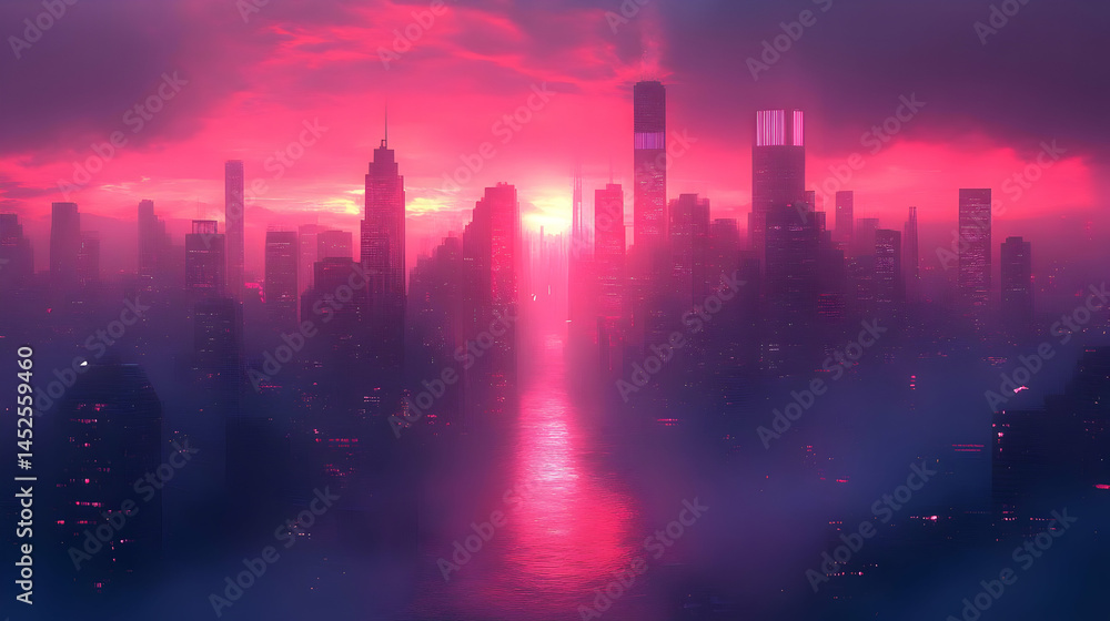 Fototapeta premium Pink And Purple City Sunset With Foggy River