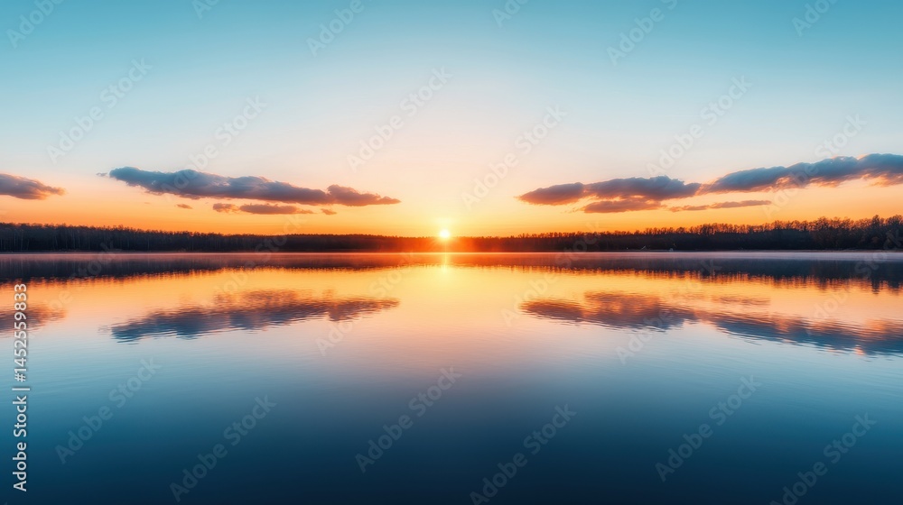Obraz premium Serene Sunset Over Calm Lake with Reflection of Colorful Sky