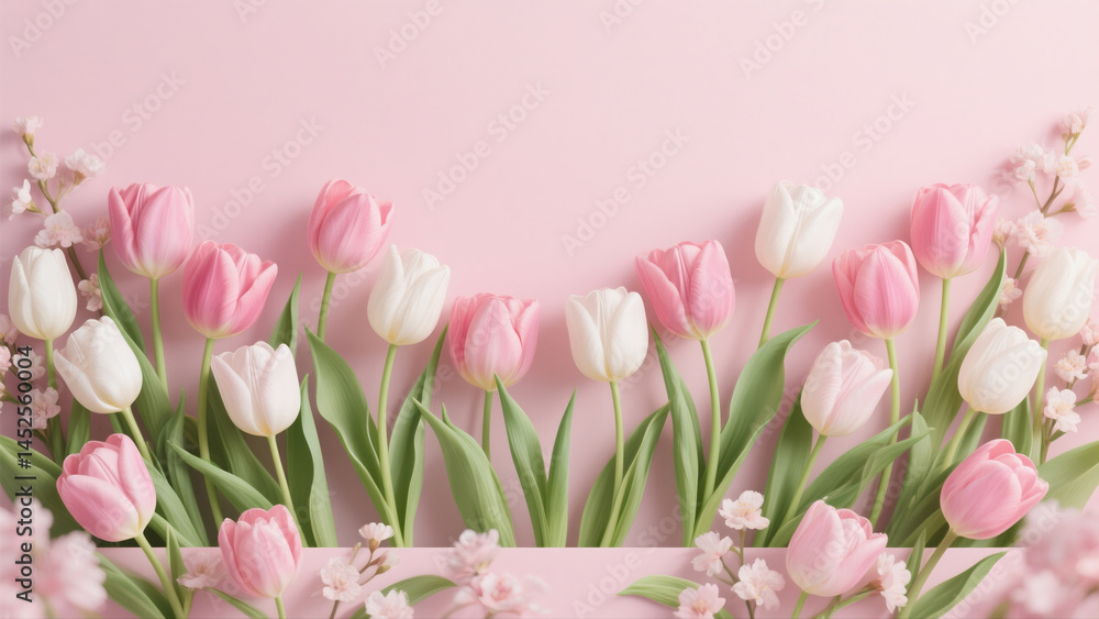 Fototapeta premium Delicate Pink and White Tulips Arrangement on a Pastel Pink Background