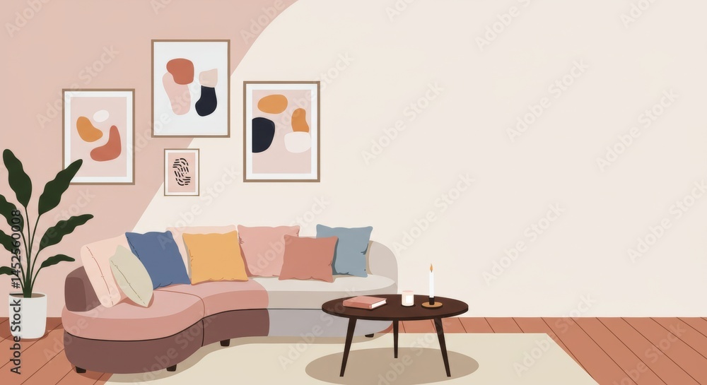 Obraz premium Stylish living room interior with modern art and cozy seating