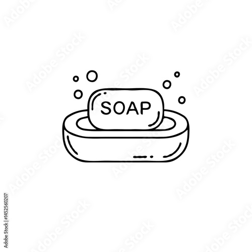 Soap bar on dish with bubbles in minimalistic style  
