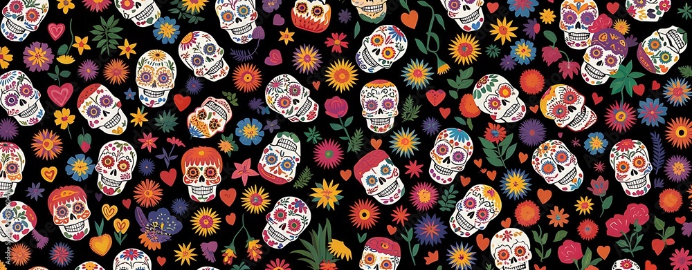 Colorful Day of the Dead Sugar Skulls Pattern with Traditional Mexican Floral Elements Vibrant Dia de los Muertos Seamless Print Featuring Calaveras Hearts and Festive Flowers on a Black Background Colorful Day of the Dead Sugar Skulls Pattern with Traditional Mexican Floral Elements Vibrant Dia de los Muertos Seamless Print Featuring Calaveras Hearts and Festive Flowers on a Black Background