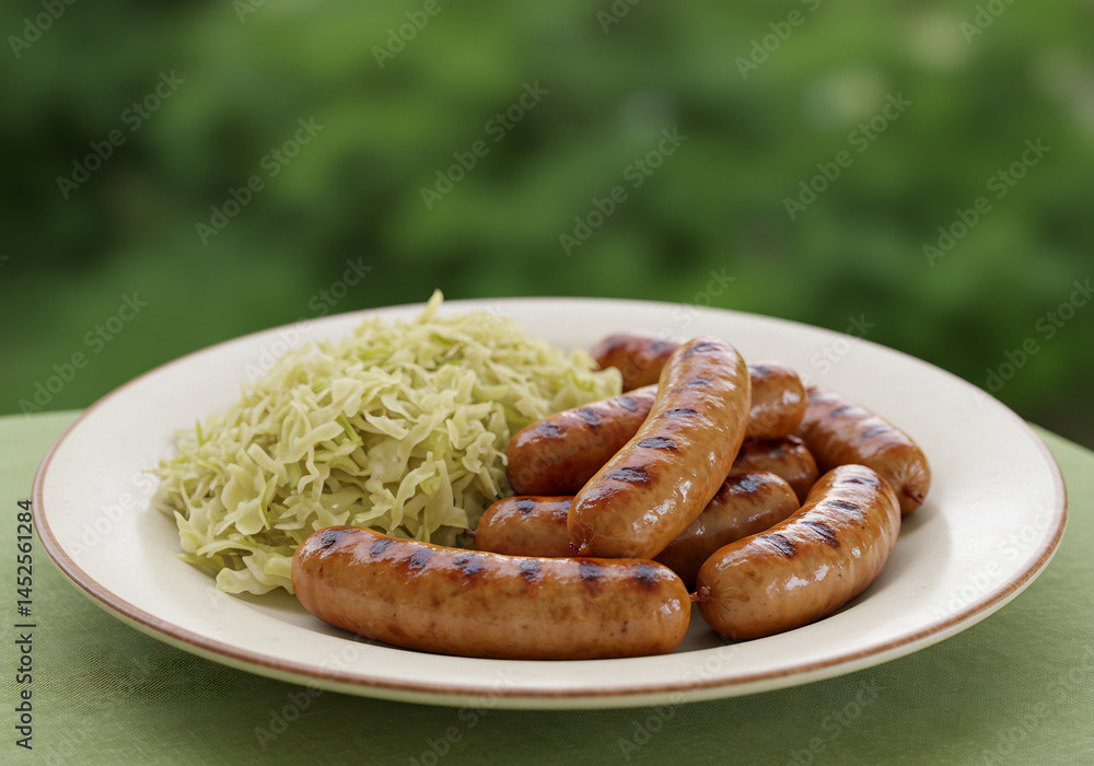 Fototapeta premium Grilled Sausages with Sauerkraut on a White Plate
