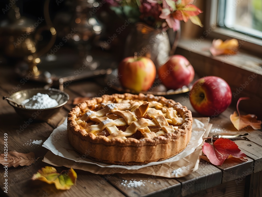 Delicious Homemade Apple Pie on Rustic Wooden Table with Autumn Leaves Delicious Homemade Apple Pie on Rustic Wooden Table with Autumn Leaves