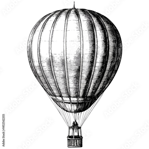 Vintage hot air balloon, engraving sketch, retro style vector, black illustration, antique flight graphic, hand-drawn airship drawing, classic balloon art, whimsical travel scene
