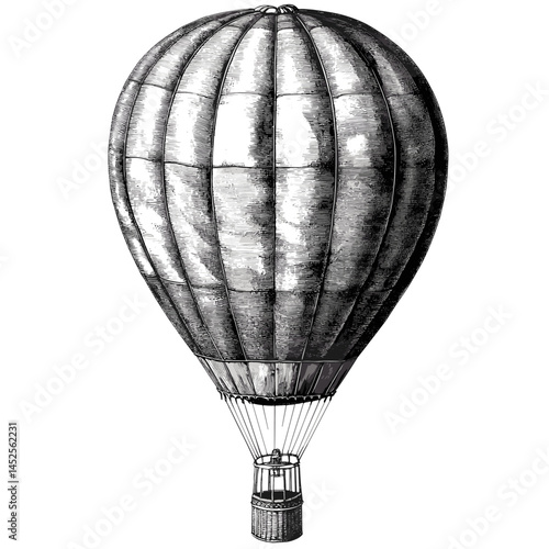 Hot air balloon, vintage engraving style, old sketch, trendy illustration, black line art, retro travel design, hand-drawn balloon clipart, antique flying machine vector