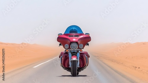 Motorbike on endless road, dunes in the background, red and blue color scheme