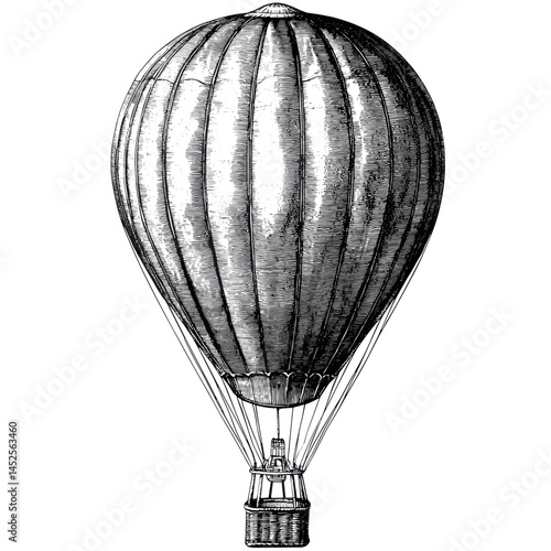 Vintage hot air balloon, woodcut engraving style, black sketch, old etching style vector, antique aircraft illustration, steampunk balloon clipart, retro travel art, airship drawing,