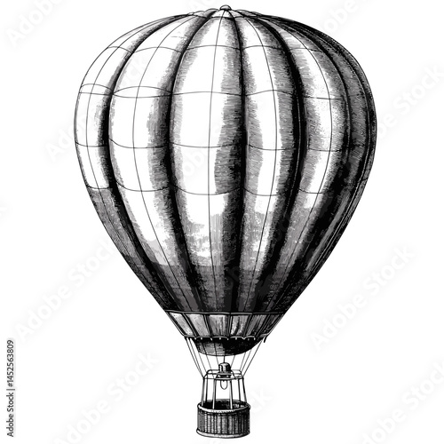 Black sketch hot air balloon, vintage illustration, old engraving look, antique balloon vector, hand-drawn flight design, retro travel element, steampunk balloon art