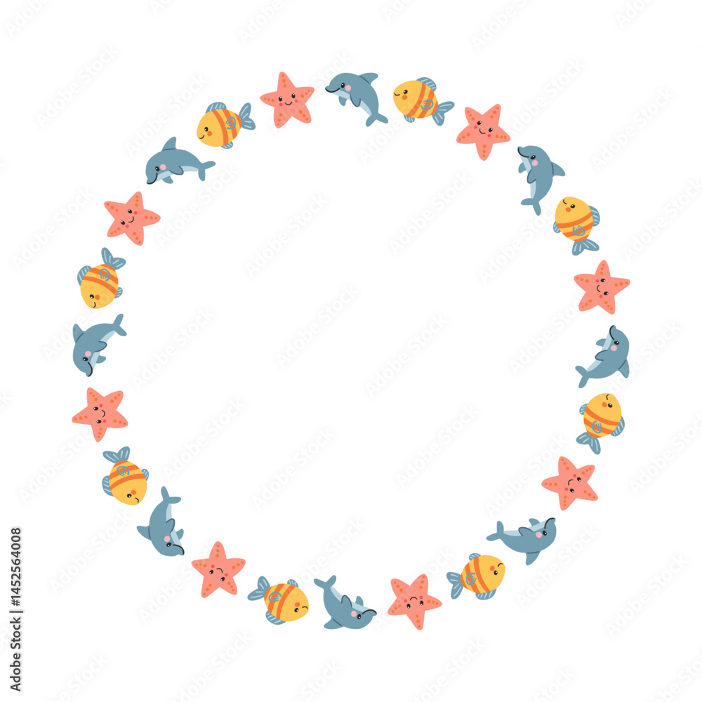 Round cartoon frame with dolphins, yellow fish and starfish. Cute marine animals border for childrens card, poster, logo, baby shower and summer design. Round cartoon frame with dolphins, yellow fish and starfish. Cute marine animals border for childrens card, poster, logo, baby shower and summer design.