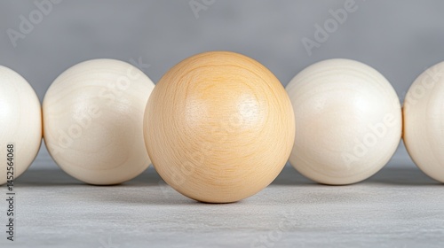 Beige Wooden Sphere Among Off White Spheres on Gray Surface