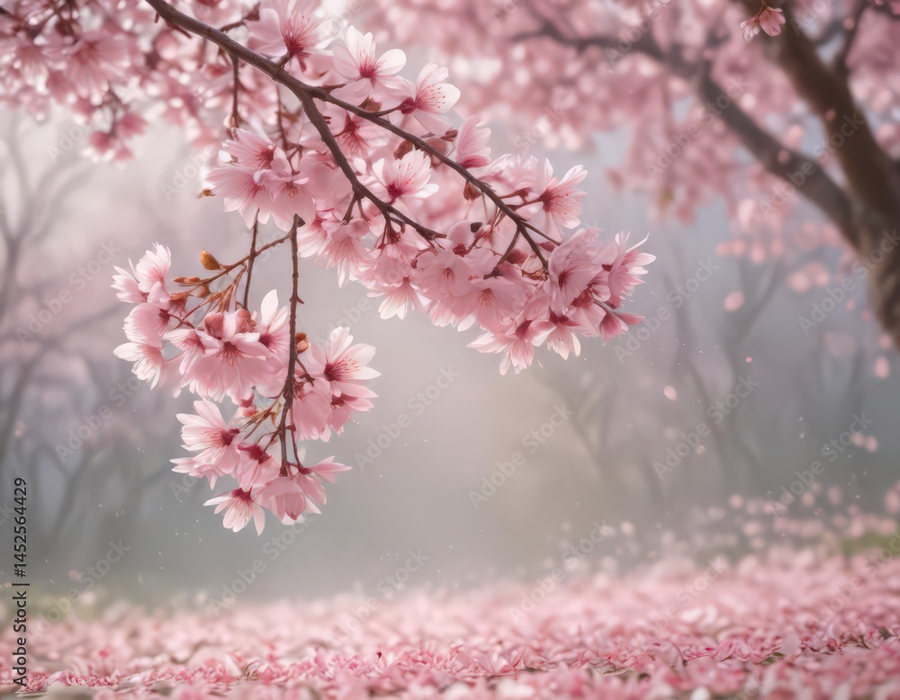 Obraz premium Delicate pink sakura petals drift on a soft-focus spring backdrop , ethereal, peaceful, light