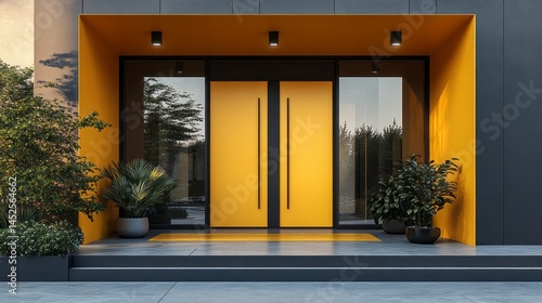 Wallpaper Mural A modern entrance showcases striking double doors with sleek handles, complemented by elegant landscaping and a vibrant color contrast. Perfectly designed for a contemporary home Torontodigital.ca