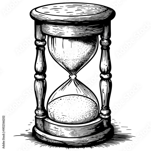 Hourglass, vintage, linocut vector, woodcut style, black sketch, engraving style, retro design, antique sand timer, hand-drawn clock, minimalist timepiece, old-fashioned style