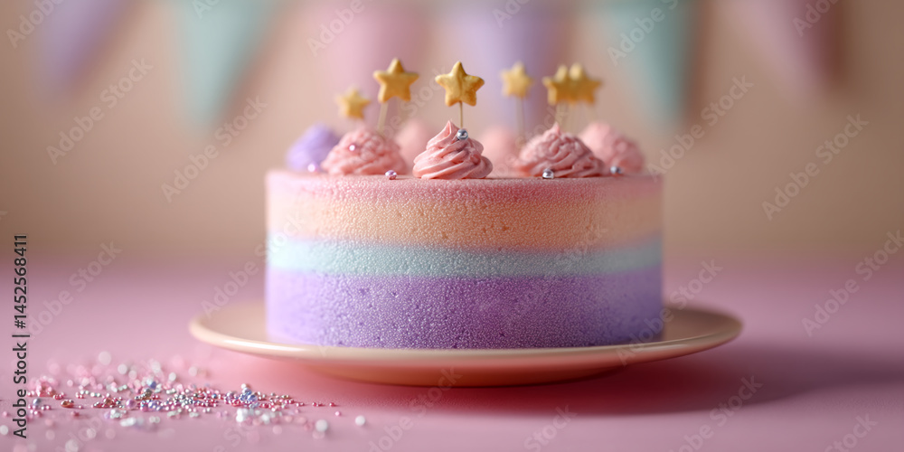 Layered pastel cake with pink frosting, gold stars, and sprinkles on a pink plate against a blurred pastel background, showcasing a whimsical, celebratory mood perfect for birthday or party themes Layered pastel cake with pink frosting, gold stars, and sprinkles on a pink plate against a blurred pastel background, showcasing a whimsical, celebratory mood perfect for birthday or party themes