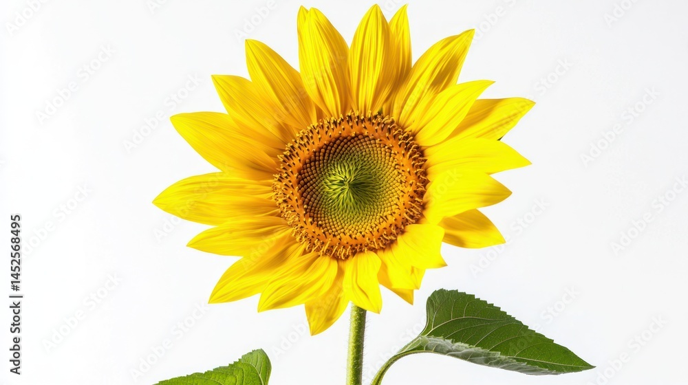 Fototapeta premium Single bright yellow sunflower against a white background.