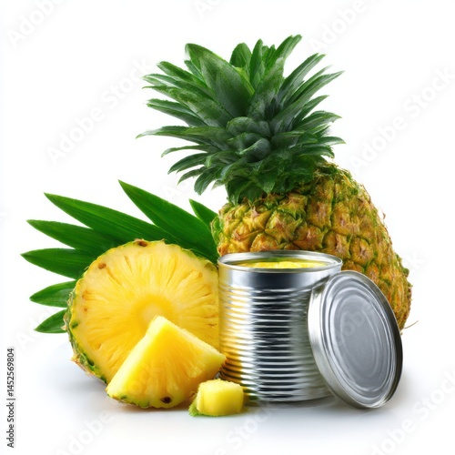 Pineapple with can and slices on white background