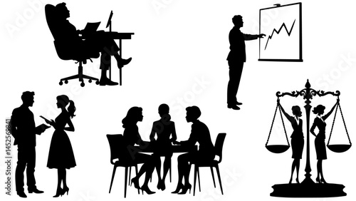 Workplace Silhouettes Vector Set – Office People, Business Teamwork, and Professional Scenes