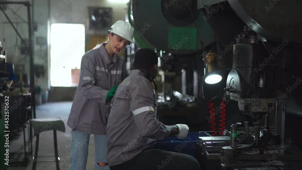 machinery technician working on machine maintenance in a factory without wearing a safety helmet. machinery technician working on machine maintenance in a factory without wearing a safety helmet.