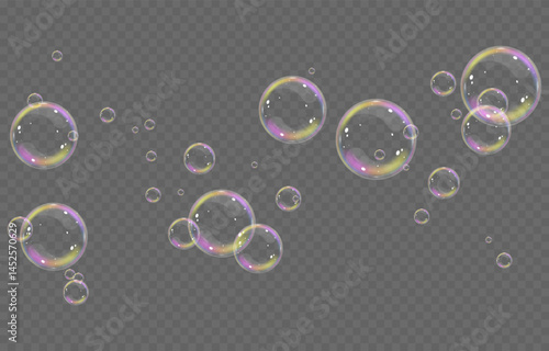 Vector realistic soap bubbles png. Flying soap bubbles on transparent background.