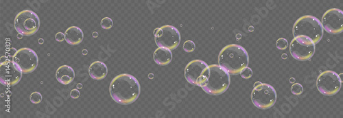 Vector realistic soap bubbles png. Flying soap bubbles on transparent background.