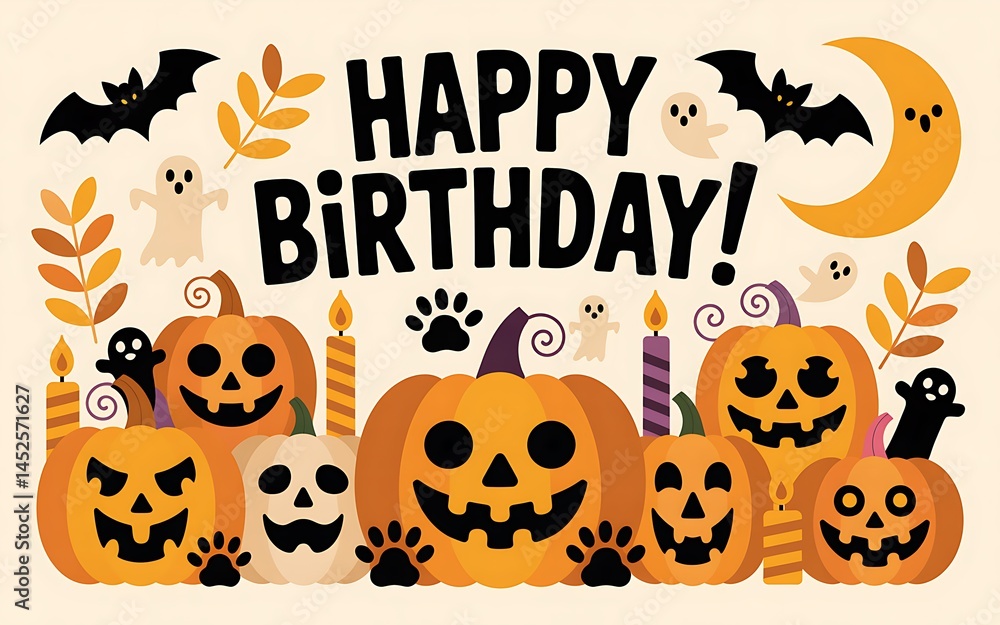 Happy Halloween Birthday Pumpkins Cute Spooky Design fun art card bats kids Happy Halloween Birthday Pumpkins Cute Spooky Design fun art card bats kids