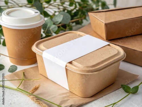Food Container Mockup. Eco-friendly takeaway packaging with a cup and box amid greenery.