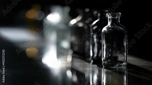 A row of clear glass bottles, two counterpoint in black, arranged on a pensive surface.