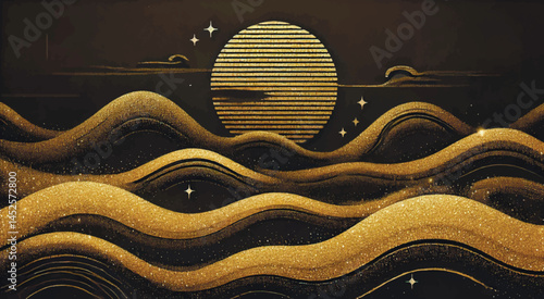 3d luxury Japanese style abstract landscape with glittering gold flow waves and a striped sun on a dark background. Elegant celestial scene with glowing stars and flowing texture. Vector design.