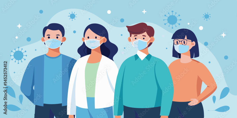Naklejka premium Four Diverse People Wearing Protective Face Masks