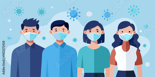 Four People Wearing Protective Face Masks Against Virus