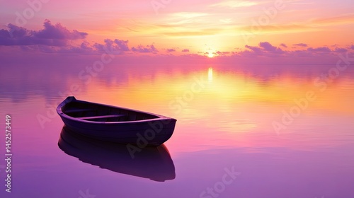 Serene boat on calm water with vibrant sunset and soft clouds reflecting on the glassy surface