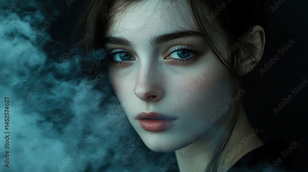 Fototapeta premium Mysterious Enigmatic Woman Portrait, Teal Smoke, Dark Background, Intriguing Gaze, Artistic Photography