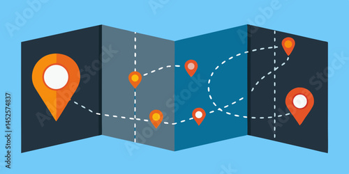 Folded Map with Route Plan and Location Pins for Travel Navigation