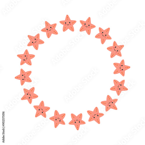 Round cartoon frame with smiling starfish on white background. Cute sea animal border for kids cards, summer posters, baby shower, logos and nursery decor.